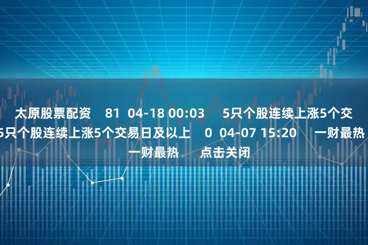 太原股票配资    81  04-18 00:03     5只个股连续上涨5个交易日及以上5只个股连续上涨5个交易日及以上    0  04-07 15:20     一财最热      点击关闭